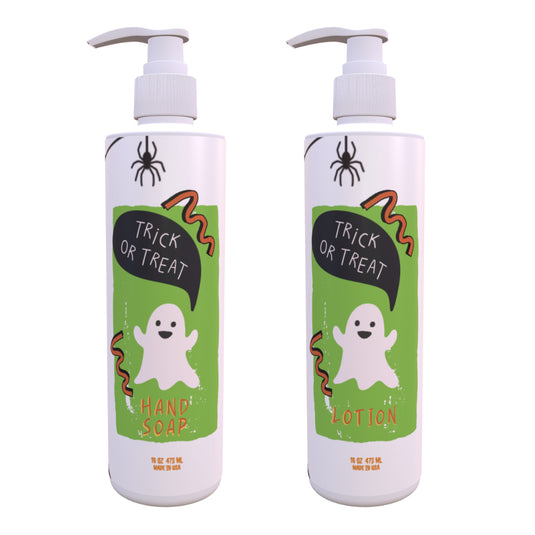 Halloween Hand Soap & Lotion Set – Trick or Treat Design | Light Green Tea & Lemon Scent |  16 oz Pump | Festive Bathroom Decor | Paraben-Free, Made in USA