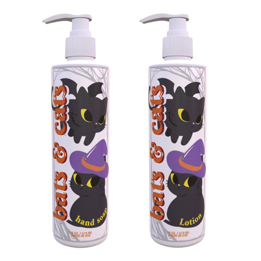 Halloween Hand Soap & Lotion Set – Bats & Cats Design | Fresh Green Tea & Lemon Scent |  16 oz Pump | Playful Spooky Decor | Paraben-Free, Made in USA