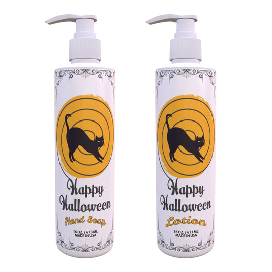 Halloween Hand Soap & Lotion Set – Black Cat Swirl Design | Light Green Tea & Lemon Scent |  16 oz Pump | Spooky Bathroom Decor | Paraben-Free, Made in USA