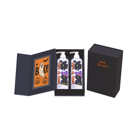 Halloween Hand Soap and Lotion Gift Set | Bats and Cats Design | Fresh Green Tea and Lemon Scent | 2 x 16 oz Pump Bottles | Paraben Free Made in USA