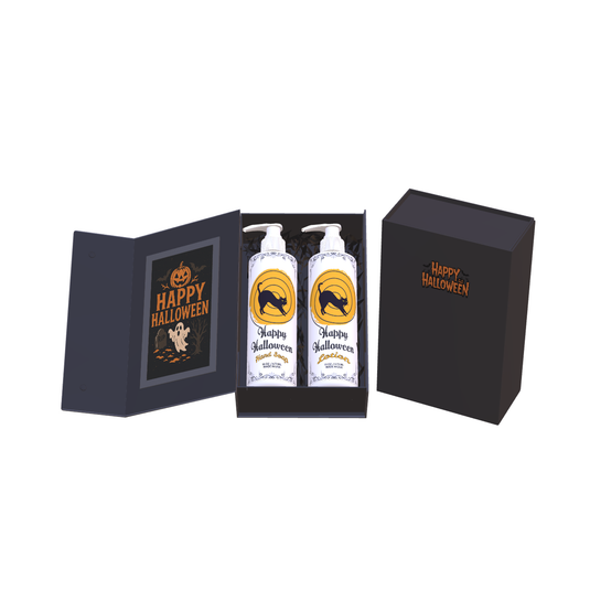 Halloween Hand Soap and Lotion Gift Set | Black Cat Swirl Design | Fresh Green Tea and Lemon Scent | 2 x 16 oz Pump Bottles | Paraben Free Made in USA