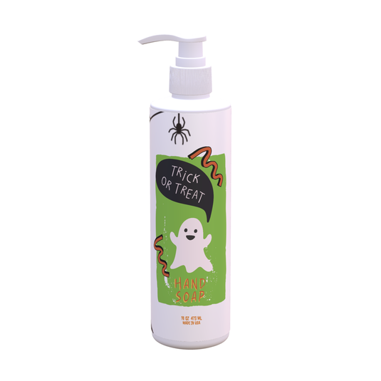 Halloween Hand Soap – Trick or Treat Design | Light Green Tea & Lemon Scent |  16 oz Pump | Festive Bathroom Decor | Paraben-Free, Made in USA